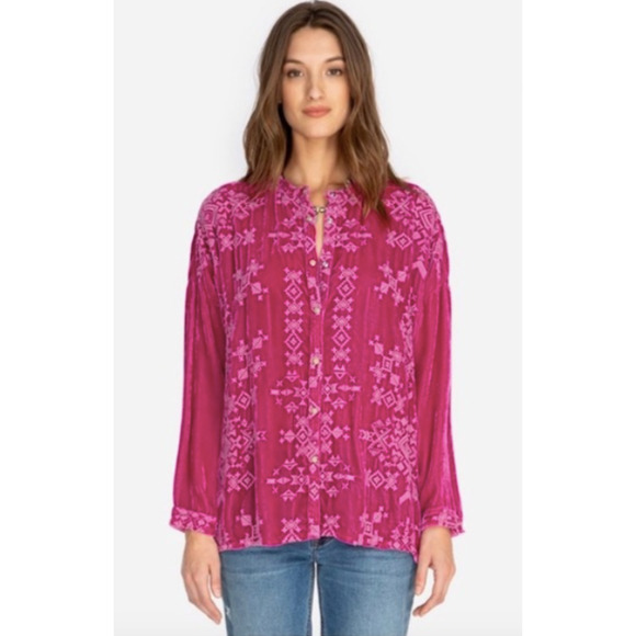 Johnny Was Tops - Johnny Was Embroidered Ellen Oversized Velvet Tunic Top Small Pink Long Sleeve